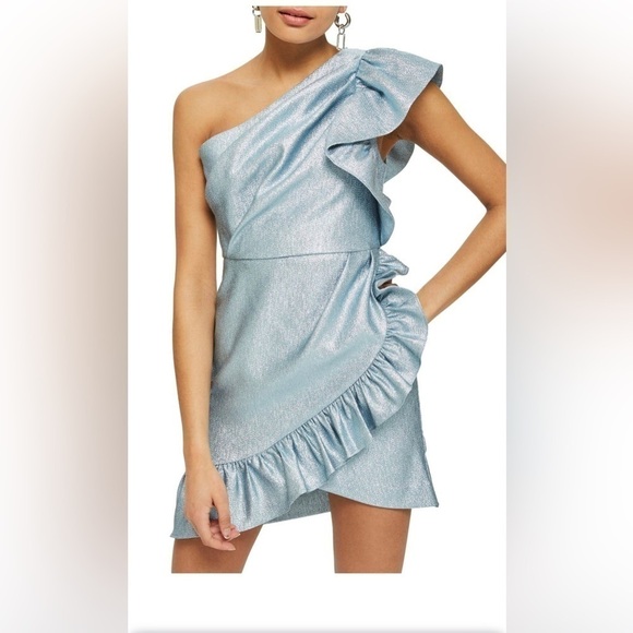 Topshop Dress One shoulder Ruffle Sz 8 Shine Party Cocktail Hoco Homecoming - Picture 2 of 8